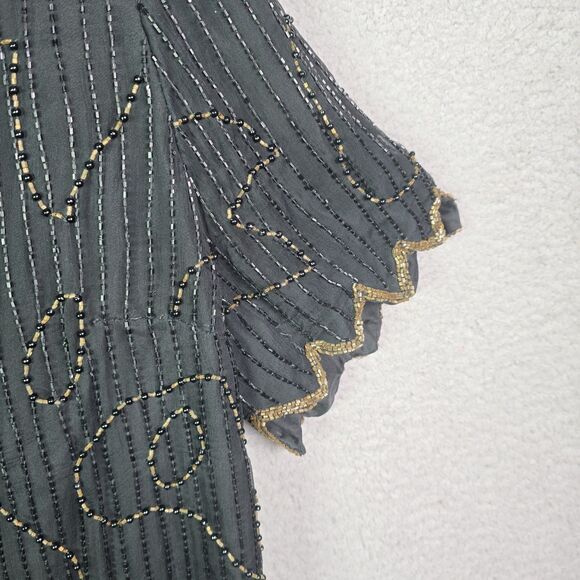 Stenay 3X silk beaded top metallic scalloped black holiday party bling festival - Picture 11 of 16